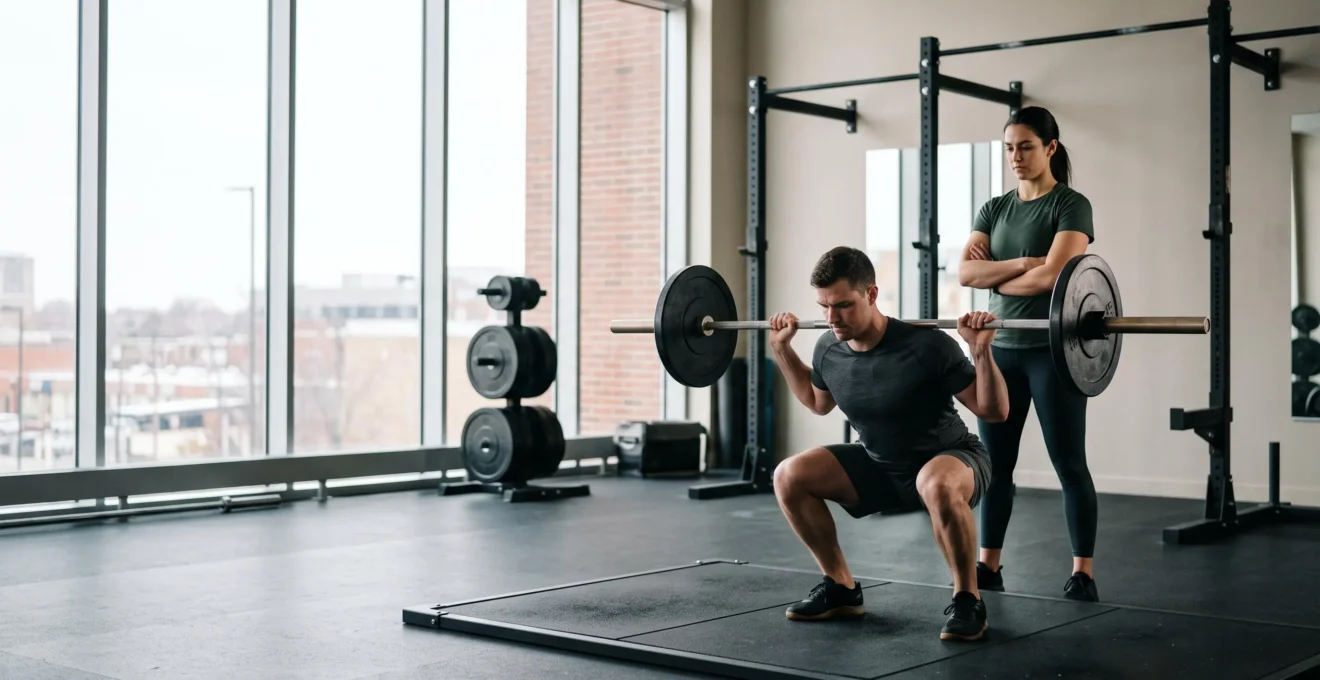 Un préparateur physique observe attentivement un sportif en pleine exécution d'un mouvement technique en salle d'entraînement.