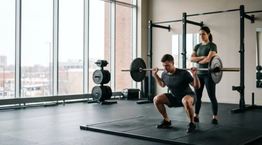 Un préparateur physique observe attentivement un sportif en pleine exécution d'un mouvement technique en salle d'entraînement.