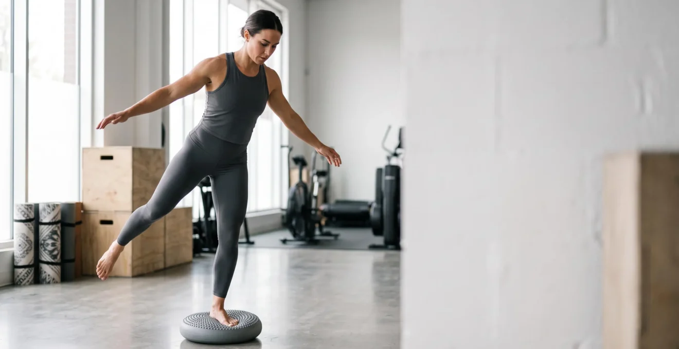 Athlete en equilibre sur une jambe sur un coussin instable, symbolisant le travail de proprioception pour prevenir les entorses de cheville
