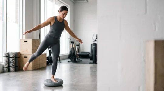 Athlete en equilibre sur une jambe sur un coussin instable, symbolisant le travail de proprioception pour prevenir les entorses de cheville