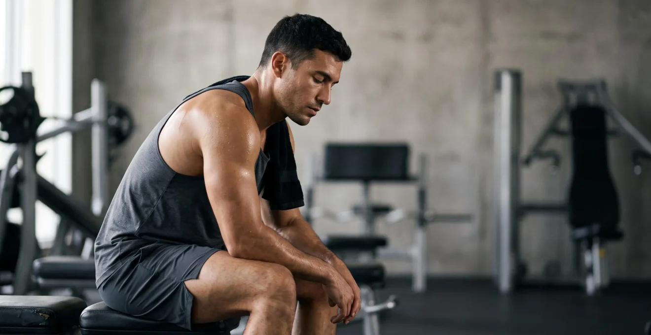 Athlete au repos apres une seance de musculation intense, symbole du processus invisible de reparation des fibres musculaires