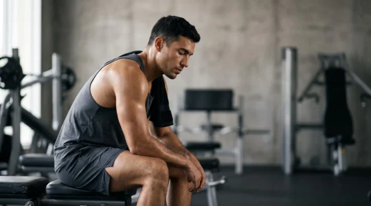 Athlete au repos apres une seance de musculation intense, symbole du processus invisible de reparation des fibres musculaires
