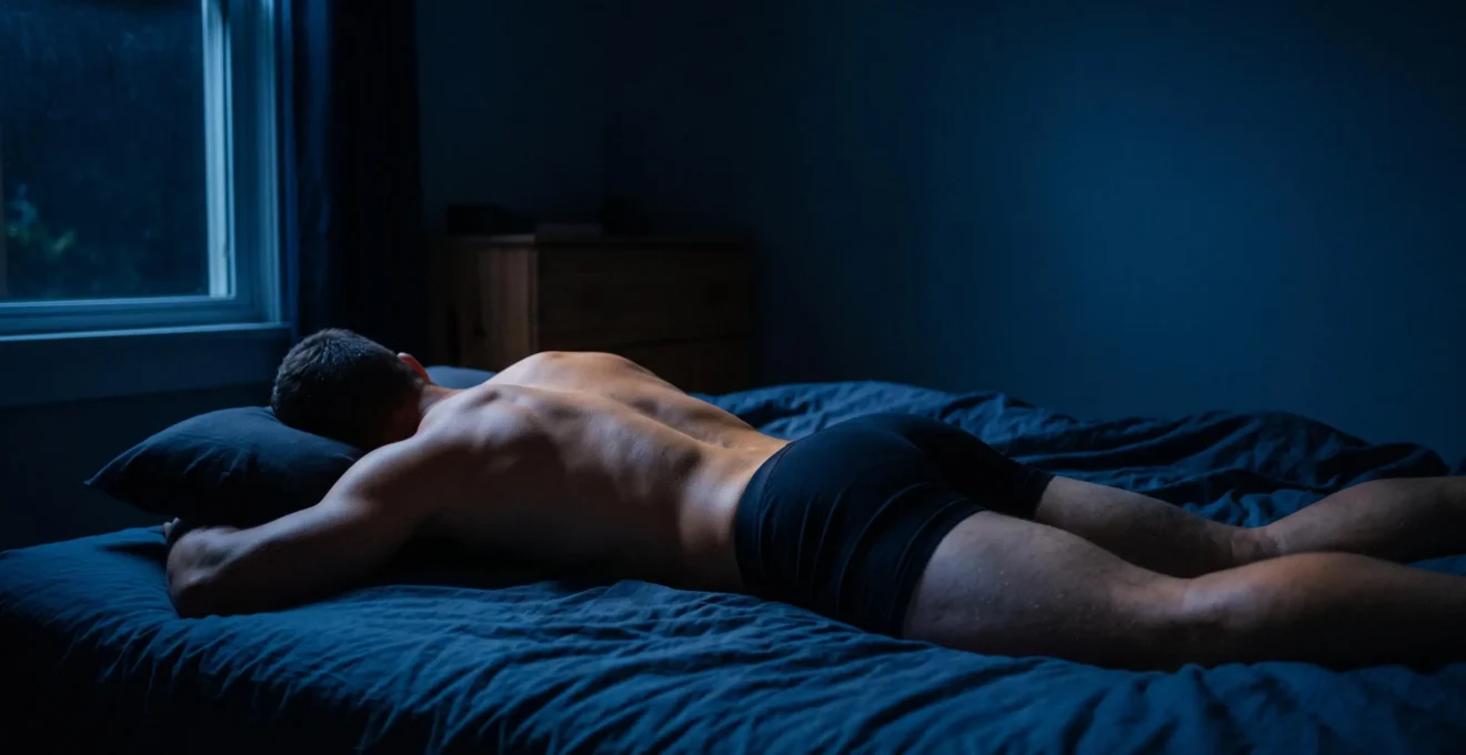 Silhouette d'un athlete endormi dans une lumiere bleutee nocturne, symbolisant la reparation musculaire pendant le sommeil