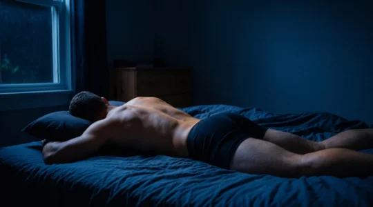Silhouette d'un athlete endormi dans une lumiere bleutee nocturne, symbolisant la reparation musculaire pendant le sommeil