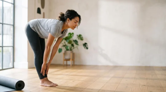 Personne effectuant un étirement matinal doux dans une lumière naturelle, illustrant une routine quotidienne de 10 minutes pour gagner en amplitude articulaire