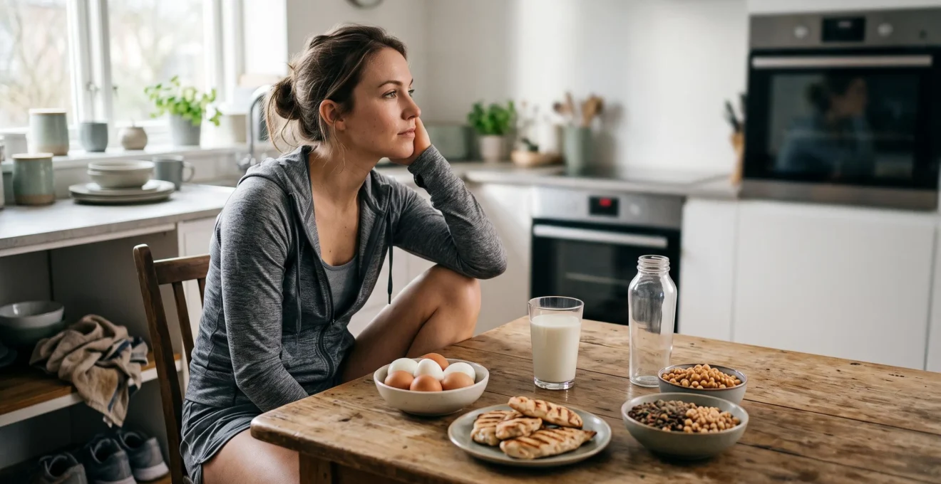 Athlete au repos après l'entraînement avec une boisson protéinée et des aliments riches en protéines disposés autour de lui, symbolisant le cycle de récupération musculaire