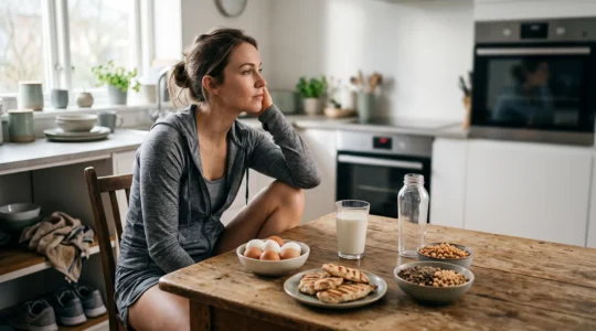 Athlete au repos après l'entraînement avec une boisson protéinée et des aliments riches en protéines disposés autour de lui, symbolisant le cycle de récupération musculaire