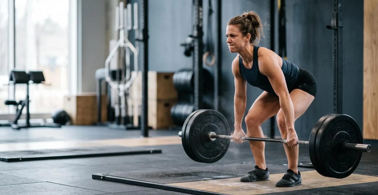 Athlete concentre en train de soulever une charge lourde avec une posture de dos droite et controlee en salle de sport