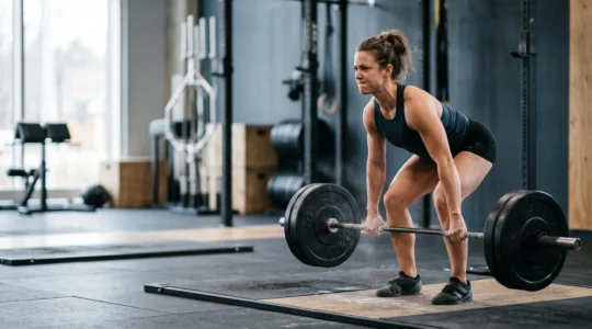 Athlete concentre en train de soulever une charge lourde avec une posture de dos droite et controlee en salle de sport