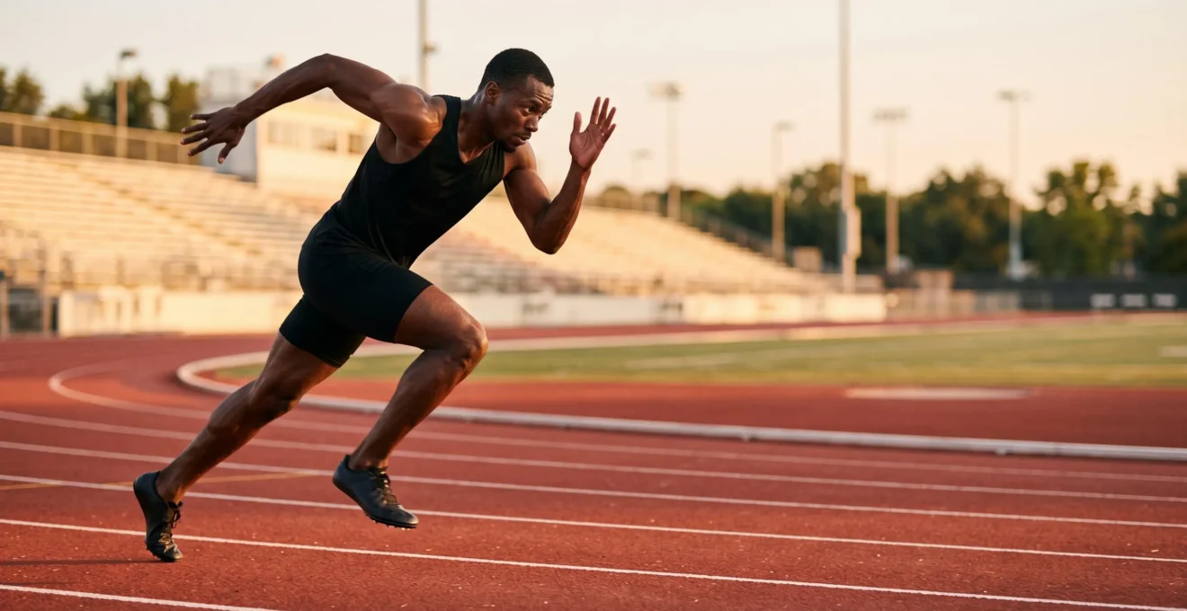 Athlete sprintant avec puissance dans le virage d'une piste de 400m, corps engage dans un effort explosif