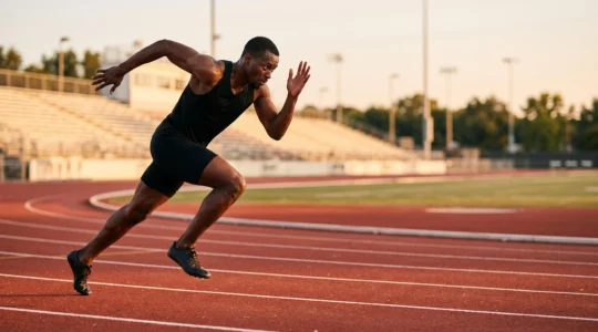 Athlete sprintant avec puissance dans le virage d'une piste de 400m, corps engage dans un effort explosif