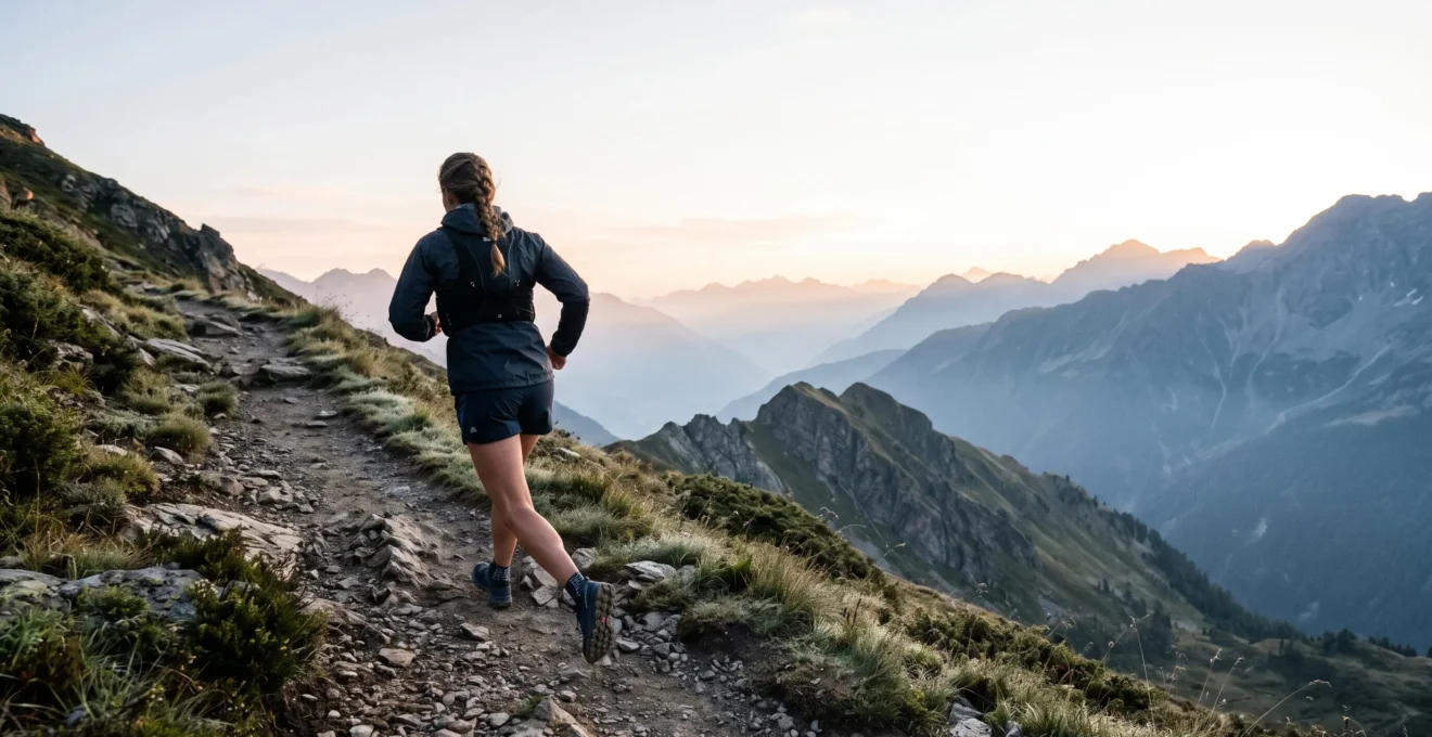Traileur solitaire progressant sur un sentier de montagne escarpé au lever du jour, illustrant la préparation d'un premier trail de 30 km avec fort dénivelé
