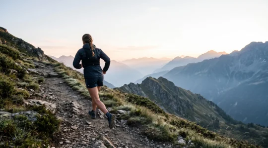 Traileur solitaire progressant sur un sentier de montagne escarpé au lever du jour, illustrant la préparation d'un premier trail de 30 km avec fort dénivelé