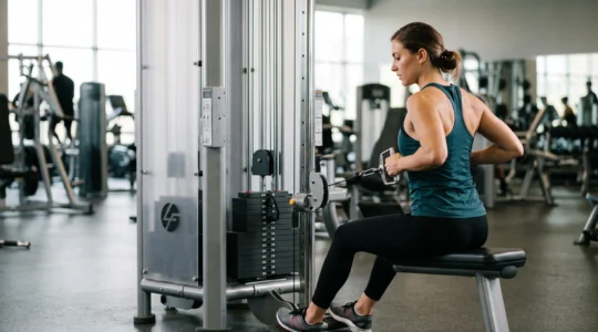 Une personne effectue un exercice sur une machine de musculation guidée dans une salle de sport moderne, avec une posture précise et concentrée.