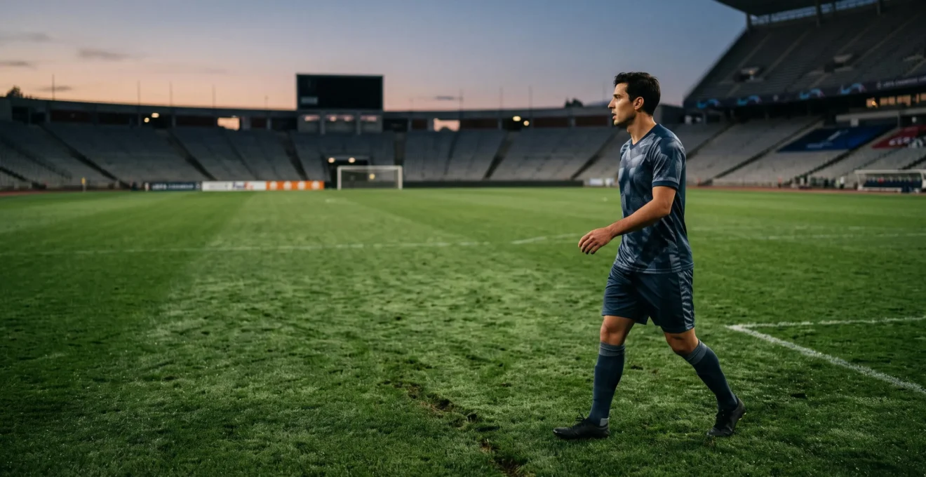 Joueur de football professionnel en pleine lecture du jeu sur un terrain vaste, symbolisant la vision de jeu et l'endurance nécessaires pour tenir 90 minutes