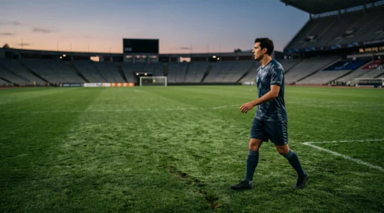 Joueur de football professionnel en pleine lecture du jeu sur un terrain vaste, symbolisant la vision de jeu et l'endurance nécessaires pour tenir 90 minutes