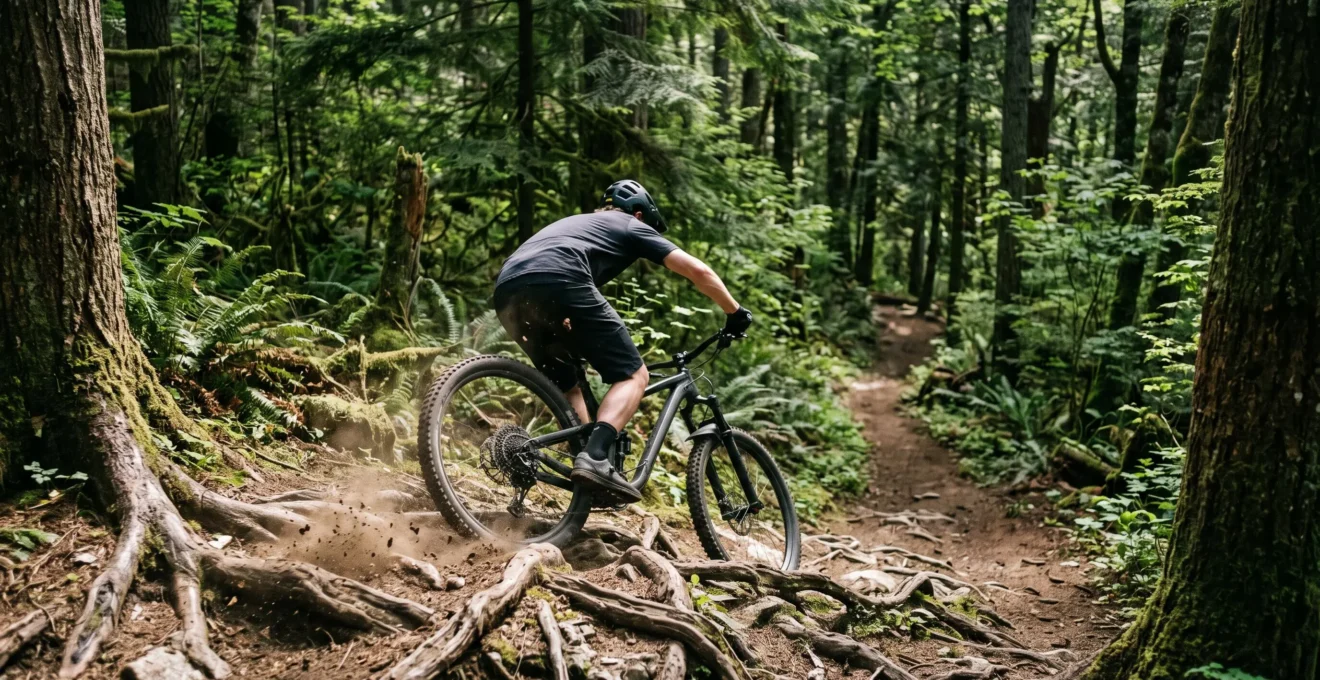 Vététiste concentré descendant un sentier single technique parsemé de racines en forêt