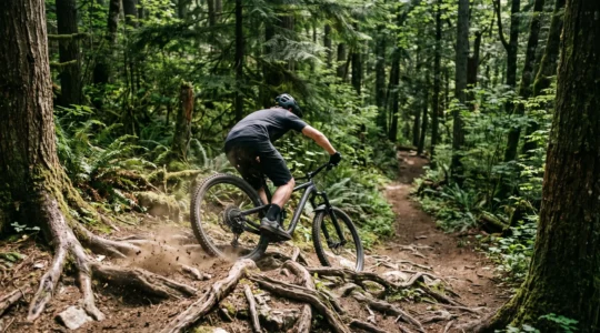 Vététiste concentré descendant un sentier single technique parsemé de racines en forêt